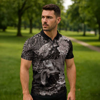 Hawaiian Plumeria and Hibiscus with Turtles Zipper Polo Shirt Polynesian Art Grayscale LT03 - Polynesian Pride