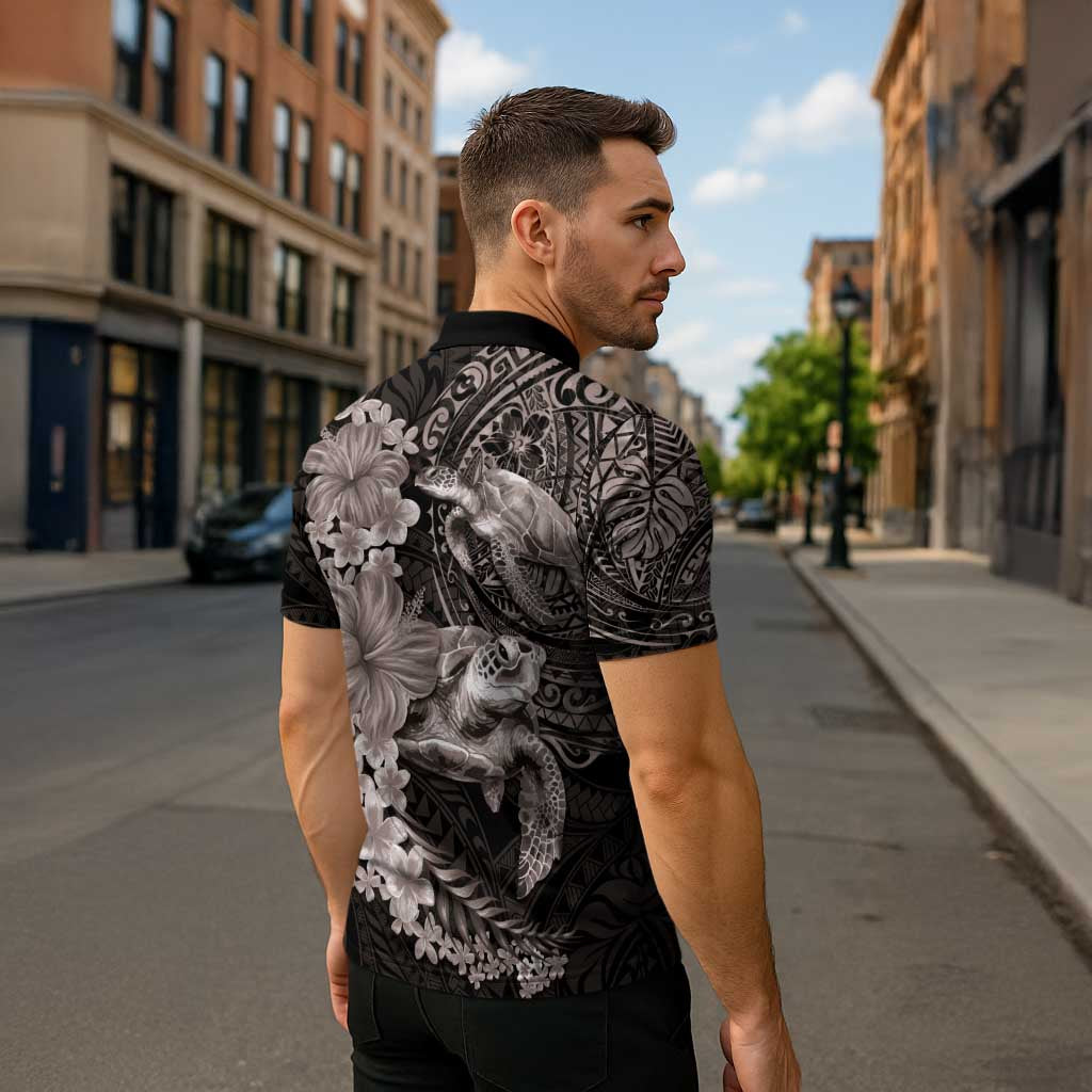 Hawaiian Plumeria and Hibiscus with Turtles Zipper Polo Shirt Polynesian Art Grayscale LT03 - Polynesian Pride