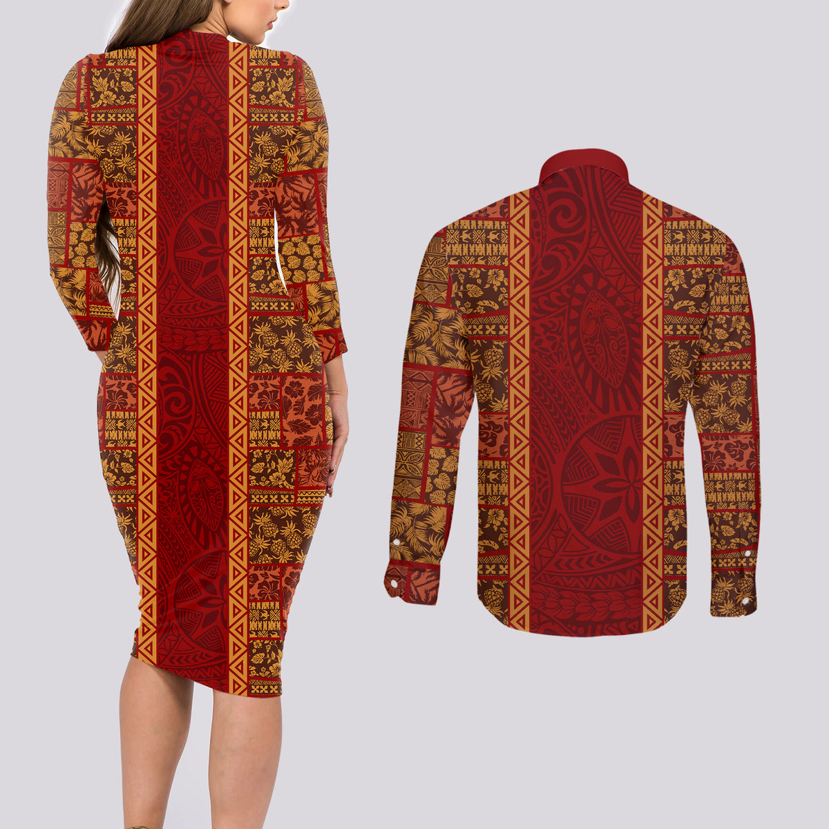 Hawaii Style Hibiscus and Tribal Element Fabric Patchwork Couples Matching Long Sleeve Bodycon Dress and Long Sleeve Button Shirt LT03 - Polynesian Pride
