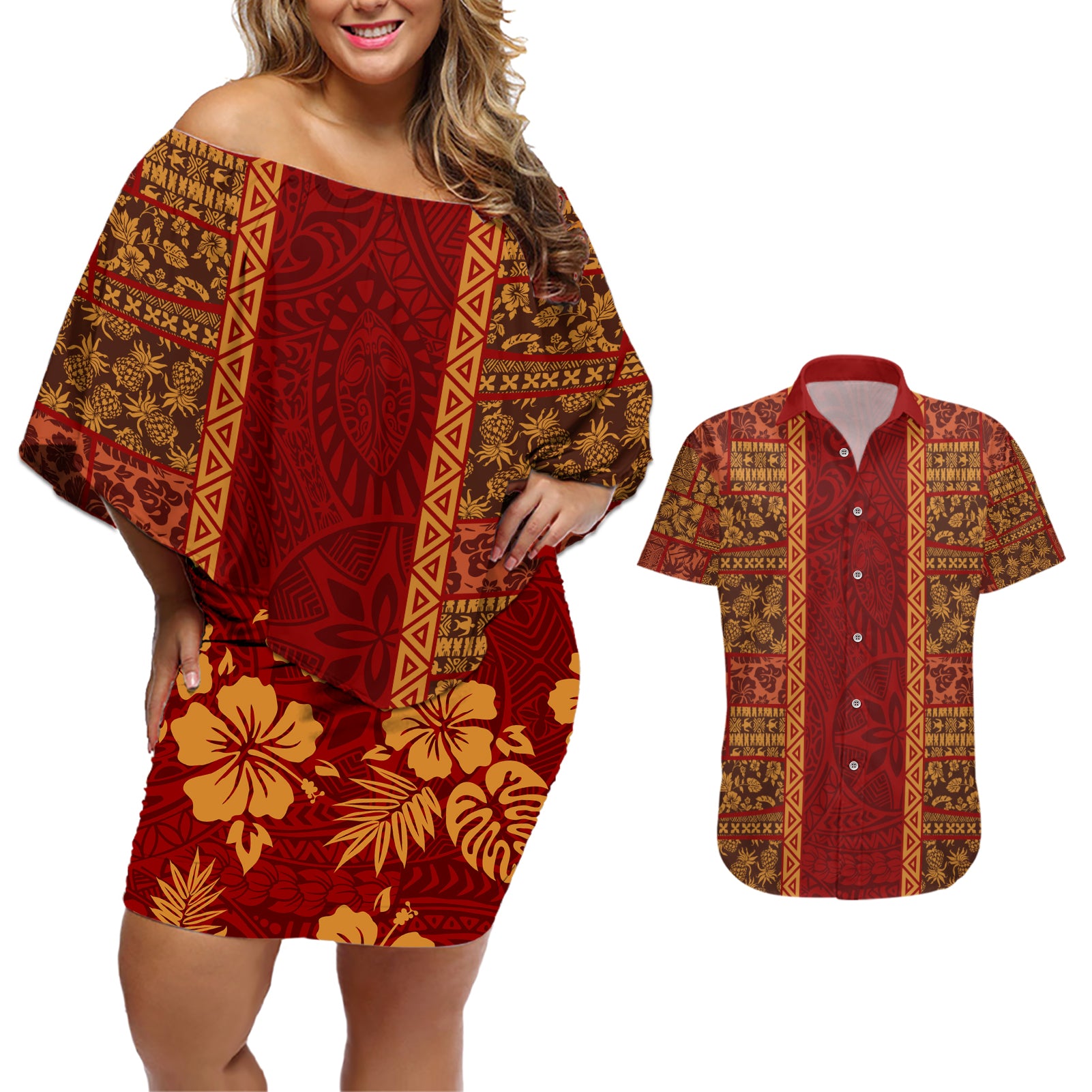 Hawaii Style Hibiscus and Tribal Element Fabric Patchwork Couples Matching Off Shoulder Short Dress and Hawaiian Shirt LT03 Red - Polynesian Pride