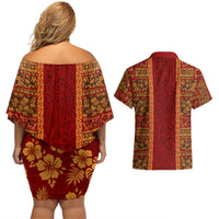 Hawaii Style Hibiscus and Tribal Element Fabric Patchwork Couples Matching Off Shoulder Short Dress and Hawaiian Shirt LT03 - Polynesian Pride