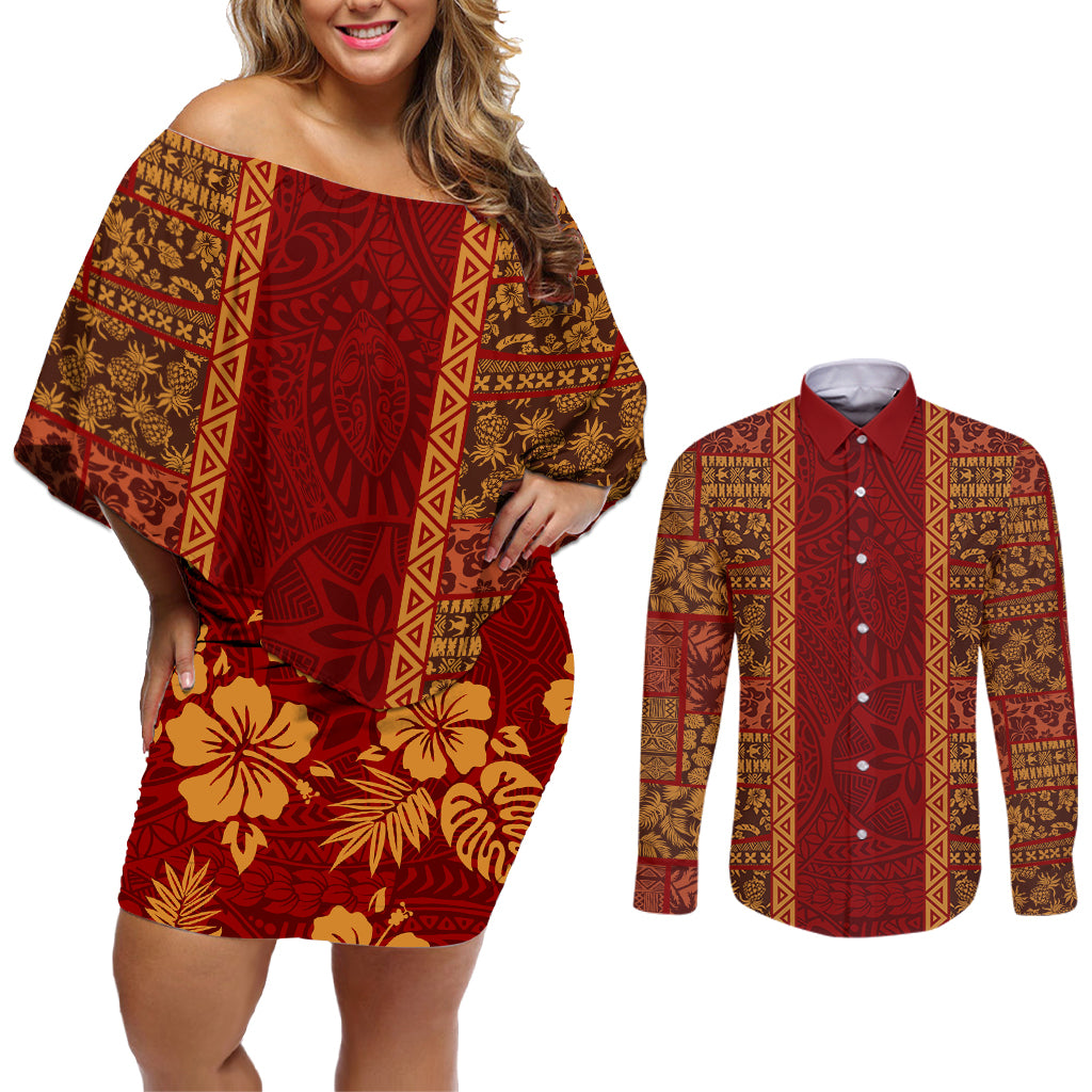 Hawaii Style Hibiscus and Tribal Element Fabric Patchwork Couples Matching Off Shoulder Short Dress and Long Sleeve Button Shirt LT03 Red - Polynesian Pride