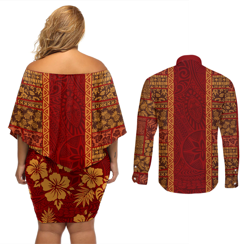 Hawaii Style Hibiscus and Tribal Element Fabric Patchwork Couples Matching Off Shoulder Short Dress and Long Sleeve Button Shirt LT03 - Polynesian Pride