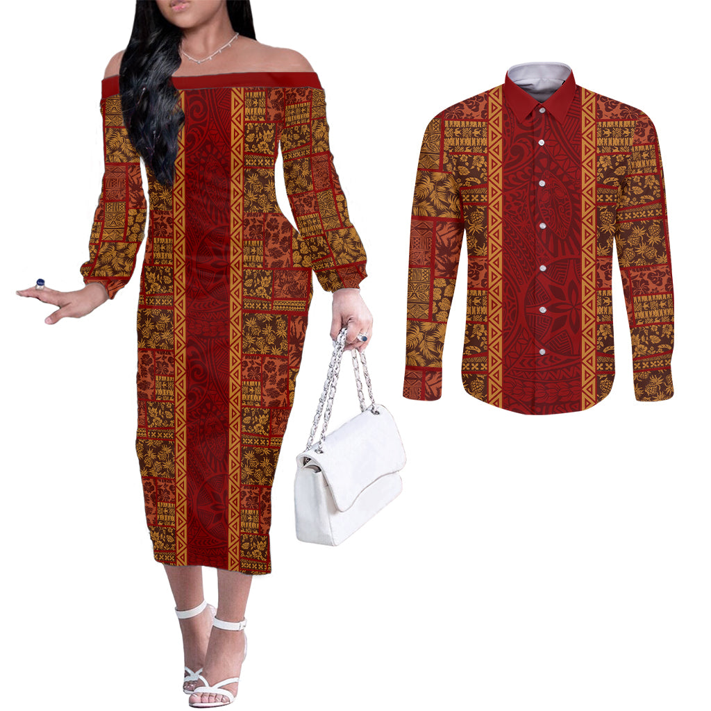 Hawaii Style Hibiscus and Tribal Element Fabric Patchwork Couples Matching Off The Shoulder Long Sleeve Dress and Long Sleeve Button Shirt LT03 Red - Polynesian Pride