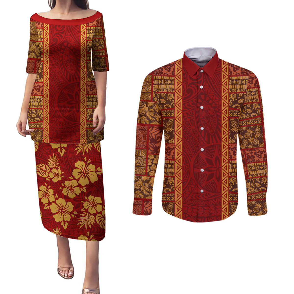 Hawaii Style Hibiscus and Tribal Element Fabric Patchwork Couples Matching Puletasi Dress and Long Sleeve Button Shirt LT03 Red - Polynesian Pride
