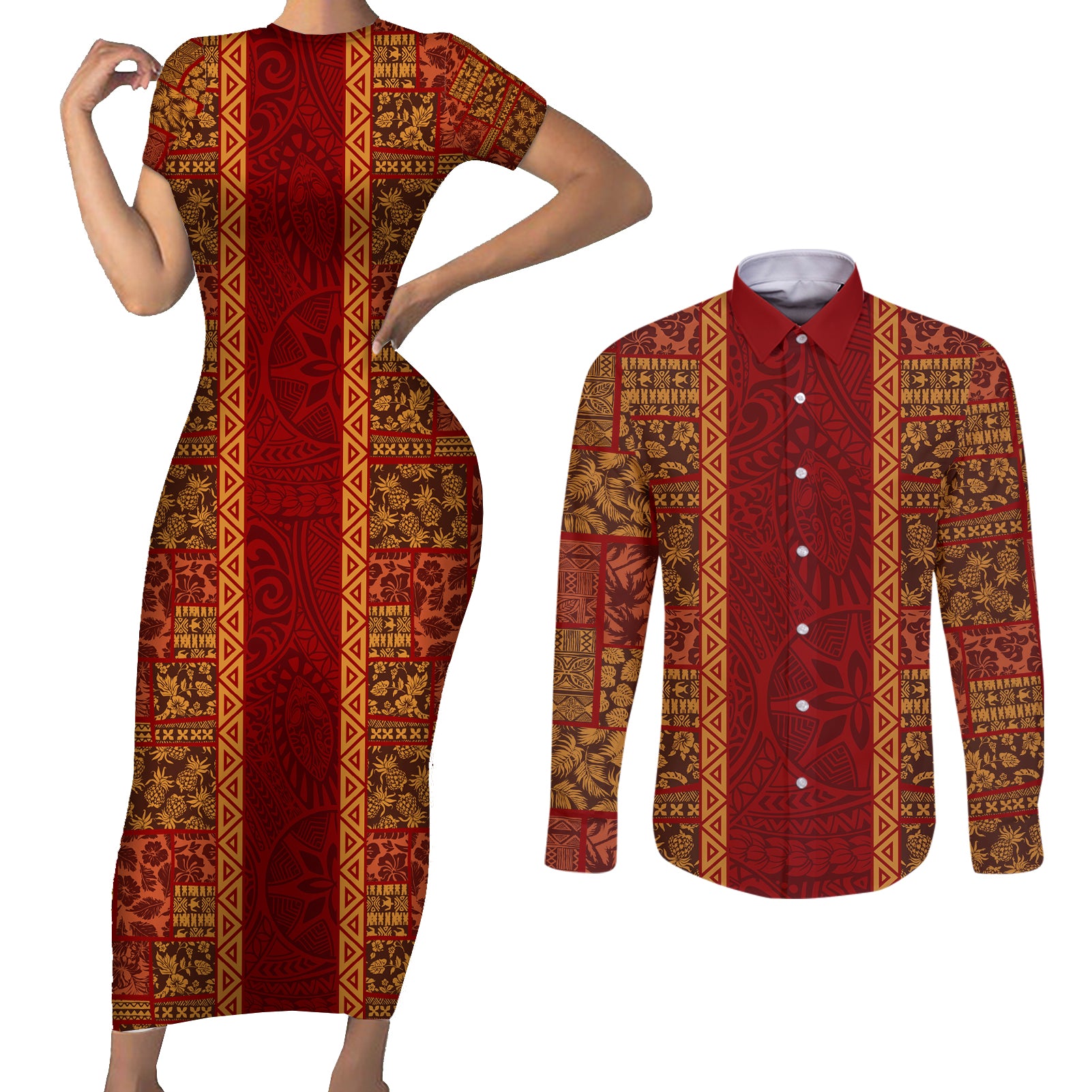 Hawaii Style Hibiscus and Tribal Element Fabric Patchwork Couples Matching Short Sleeve Bodycon Dress and Long Sleeve Button Shirt LT03 Red - Polynesian Pride