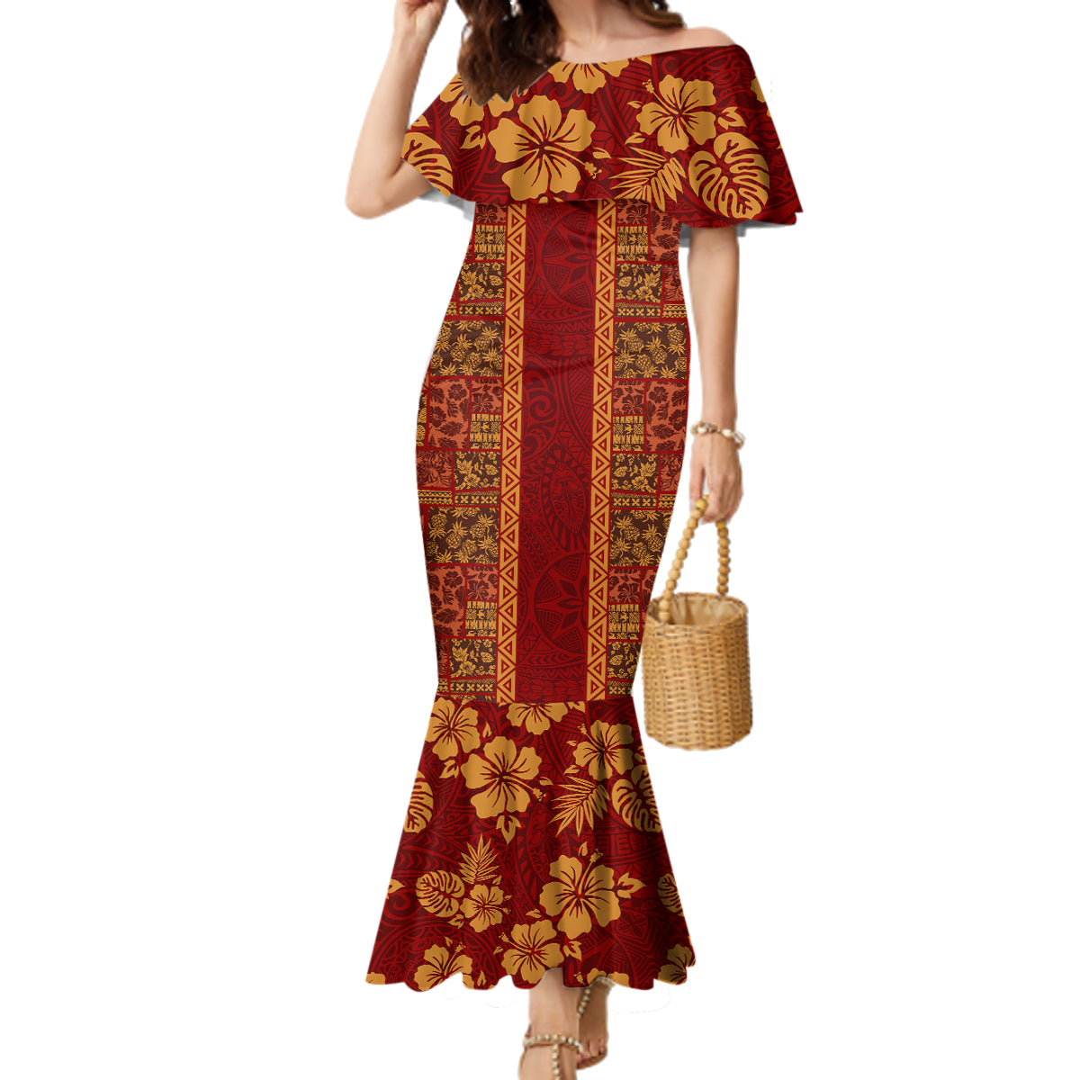 Hawaii Style Hibiscus and Tribal Element Fabric Patchwork Family Matching Mermaid Dress and Hawaiian Shirt LT03 Mom's Dress Red - Polynesian Pride