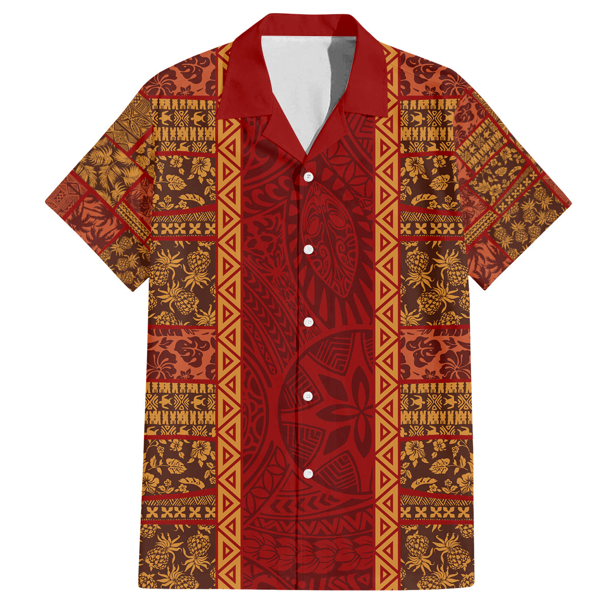 Hawaii Style Hibiscus and Tribal Element Fabric Patchwork Family Matching Off Shoulder Long Sleeve Dress and Hawaiian Shirt LT03 Dad's Shirt - Short Sleeve Red - Polynesian Pride