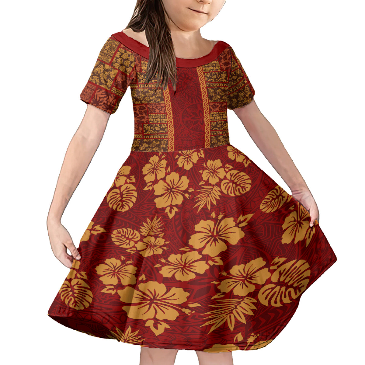 Hawaii Style Hibiscus and Tribal Element Fabric Patchwork Family Matching Off Shoulder Maxi Dress and Hawaiian Shirt LT03 Daughter's Dress Red - Polynesian Pride
