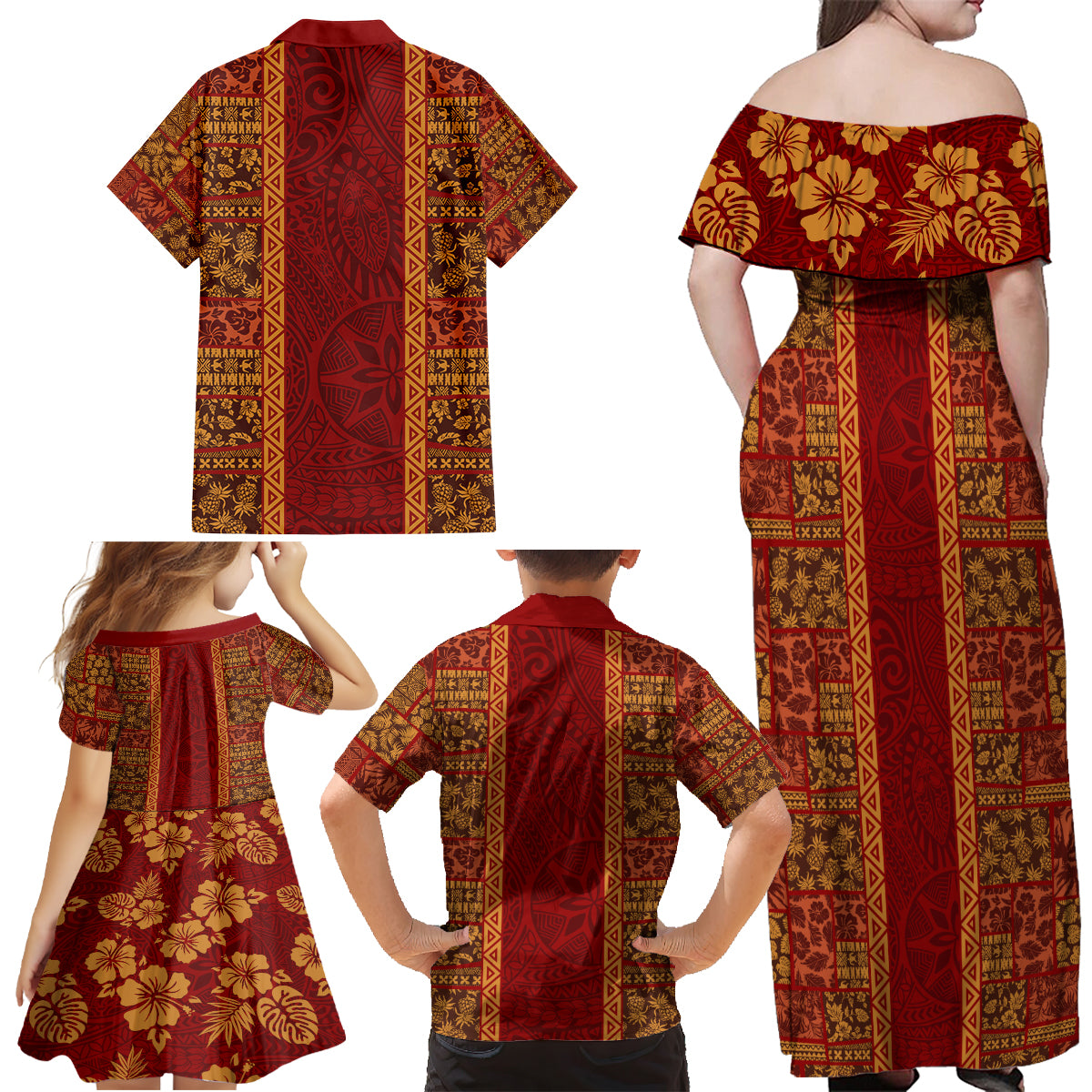 Hawaii Style Hibiscus and Tribal Element Fabric Patchwork Family Matching Off Shoulder Maxi Dress and Hawaiian Shirt LT03 - Polynesian Pride
