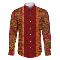 Hawaii Style Hibiscus and Tribal Element Fabric Patchwork Family Matching Off Shoulder Maxi Dress and Hawaiian Shirt LT03 Dad's Shirt - Long Sleeve Red - Polynesian Pride