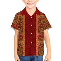 Hawaii Style Hibiscus and Tribal Element Fabric Patchwork Family Matching Summer Maxi Dress and Hawaiian Shirt LT03 Son's Shirt Red - Polynesian Pride
