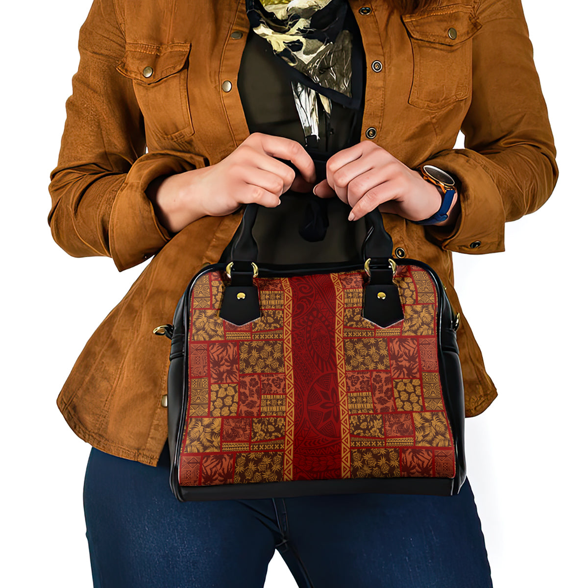 Hawaii Style Hibiscus and Tribal Element Fabric Patchwork Shoulder Handbag LT03 - Polynesian Pride