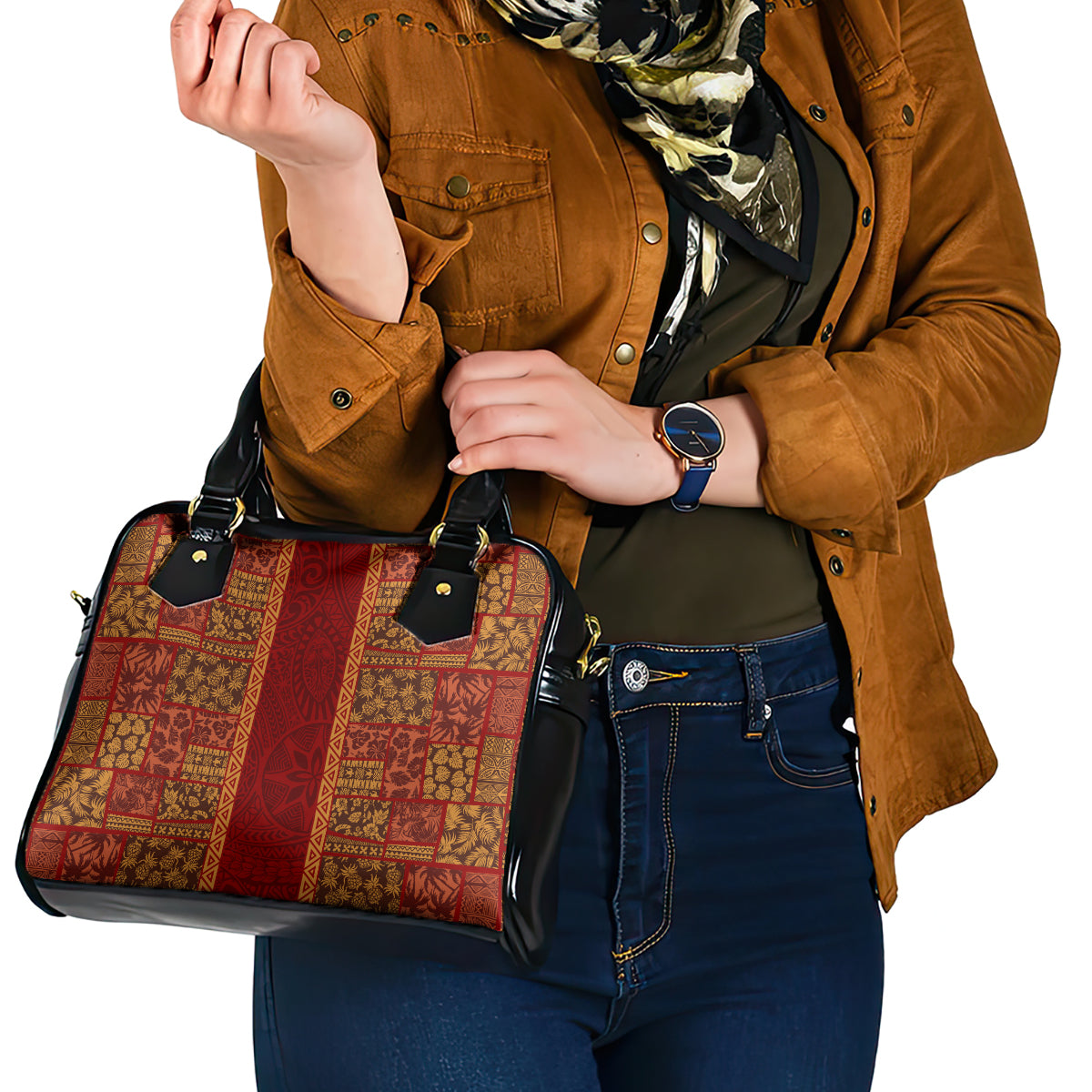 Hawaii Style Hibiscus and Tribal Element Fabric Patchwork Shoulder Handbag LT03 - Polynesian Pride