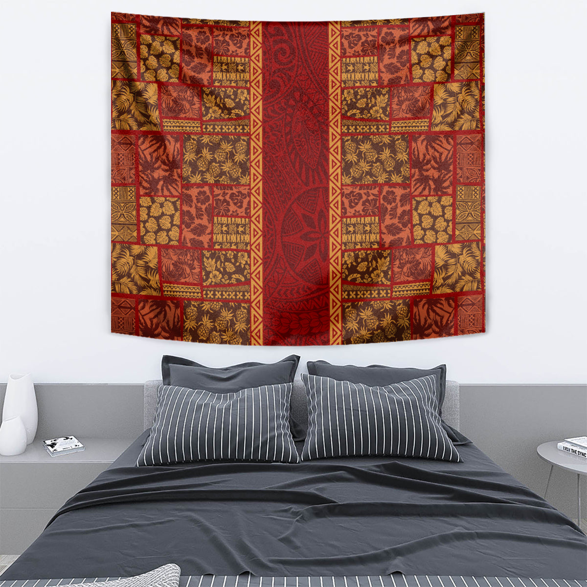 Hawaii Style Hibiscus and Tribal Element Fabric Patchwork Tapestry LT03 - Polynesian Pride