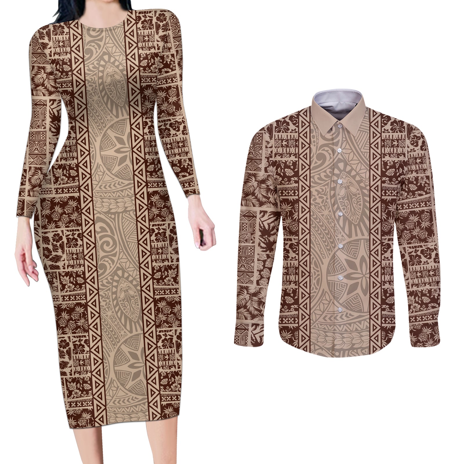 Hawaii Style Hibiscus and Tribal Element Fabric Patchwork Couples Matching Long Sleeve Bodycon Dress and Long Sleeve Button Shirt Beige Version LT03 Beige - Polynesian Pride