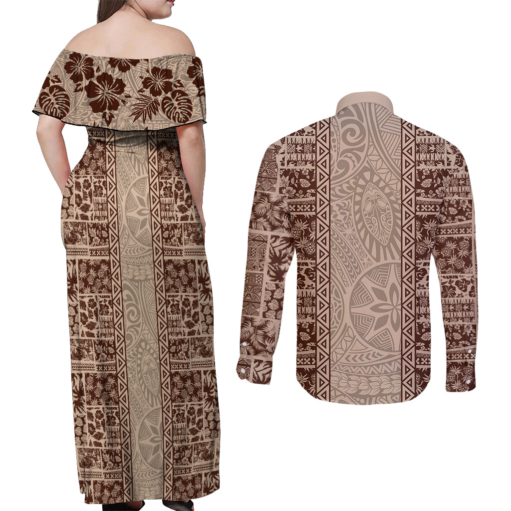 Hawaii Style Hibiscus and Tribal Element Fabric Patchwork Couples Matching Off Shoulder Maxi Dress and Long Sleeve Button Shirt Beige Version LT03 - Polynesian Pride