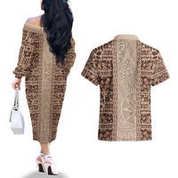 Hawaii Style Hibiscus and Tribal Element Fabric Patchwork Couples Matching Off The Shoulder Long Sleeve Dress and Hawaiian Shirt Beige Version LT03 - Polynesian Pride