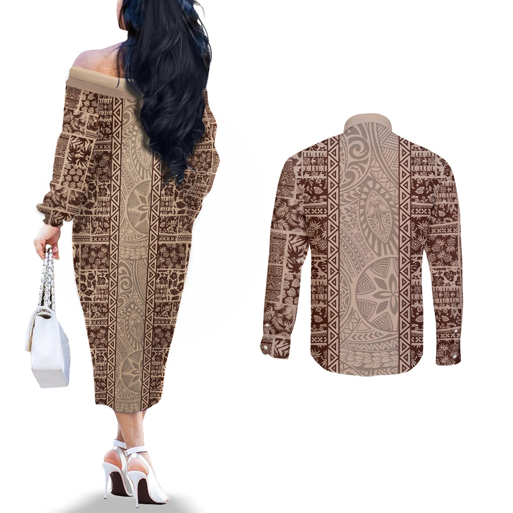 Hawaii Style Hibiscus and Tribal Element Fabric Patchwork Couples Matching Off The Shoulder Long Sleeve Dress and Long Sleeve Button Shirt Beige Version LT03 - Polynesian Pride