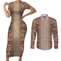 Hawaii Style Hibiscus and Tribal Element Fabric Patchwork Couples Matching Short Sleeve Bodycon Dress and Long Sleeve Button Shirt Beige Version LT03 Beige - Polynesian Pride