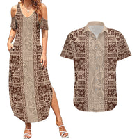 Hawaii Style Hibiscus and Tribal Element Fabric Patchwork Couples Matching Summer Maxi Dress and Hawaiian Shirt Beige Version LT03 Beige - Polynesian Pride