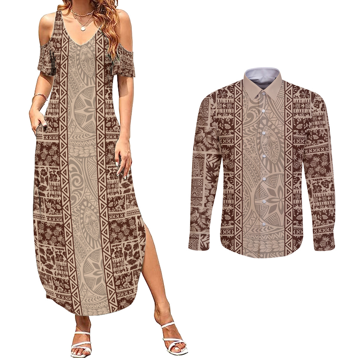 Hawaii Style Hibiscus and Tribal Element Fabric Patchwork Couples Matching Summer Maxi Dress and Long Sleeve Button Shirt Beige Version LT03 Beige - Polynesian Pride