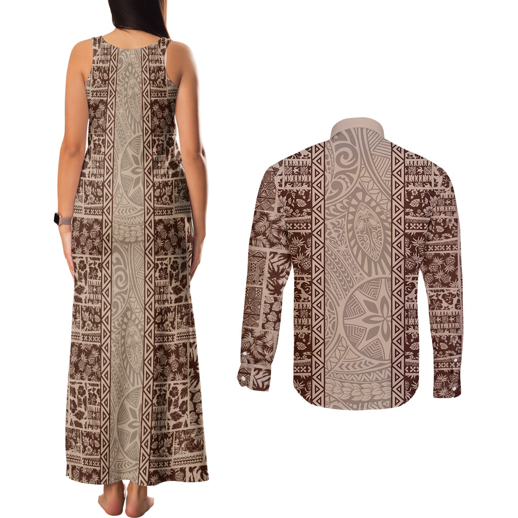 Hawaii Style Hibiscus and Tribal Element Fabric Patchwork Couples Matching Tank Maxi Dress and Long Sleeve Button Shirt Beige Version LT03 - Polynesian Pride