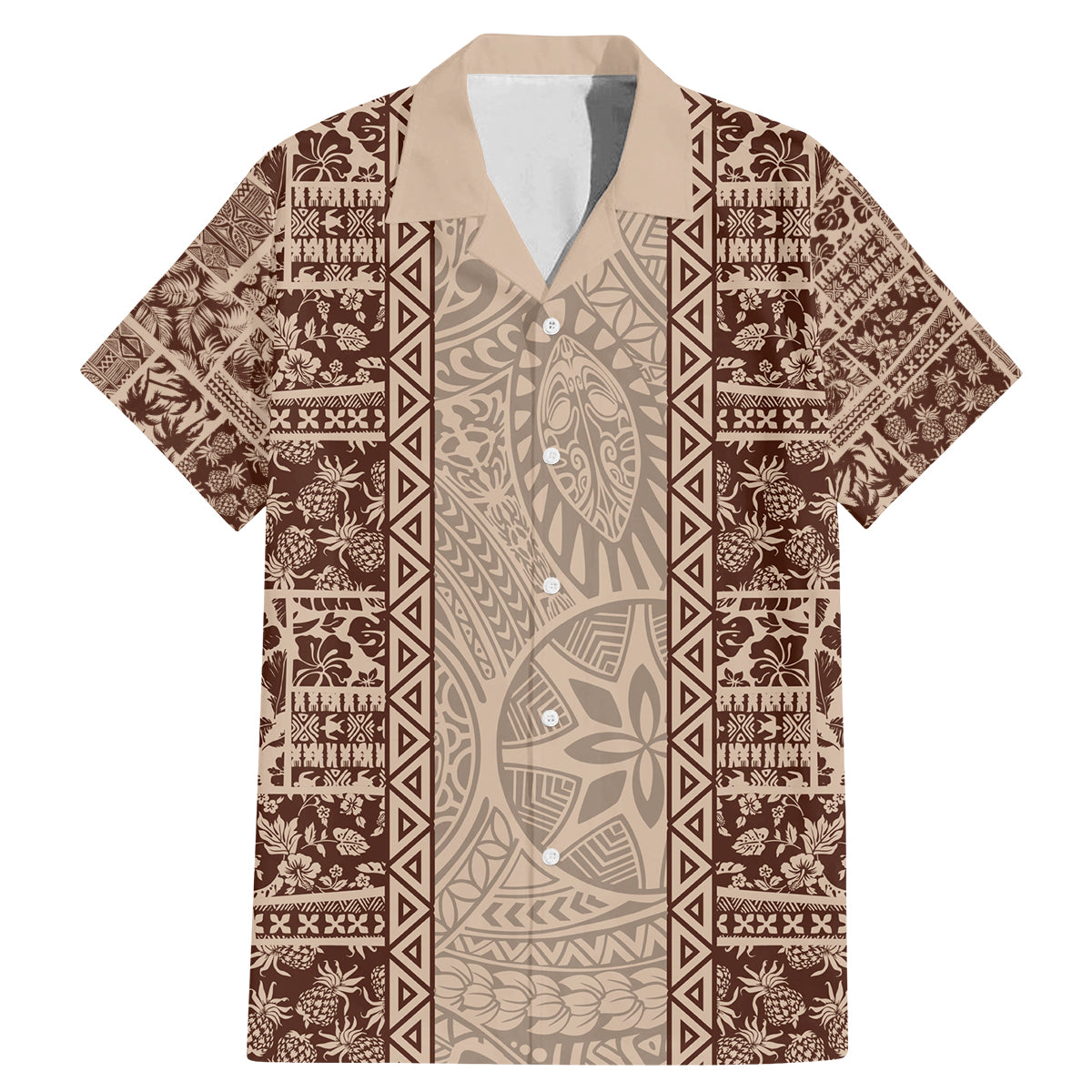 Hawaii Style Hibiscus and Tribal Element Fabric Patchwork Family Matching Mermaid Dress and Hawaiian Shirt Beige Version LT03 Dad's Shirt - Short Sleeve Beige - Polynesian Pride