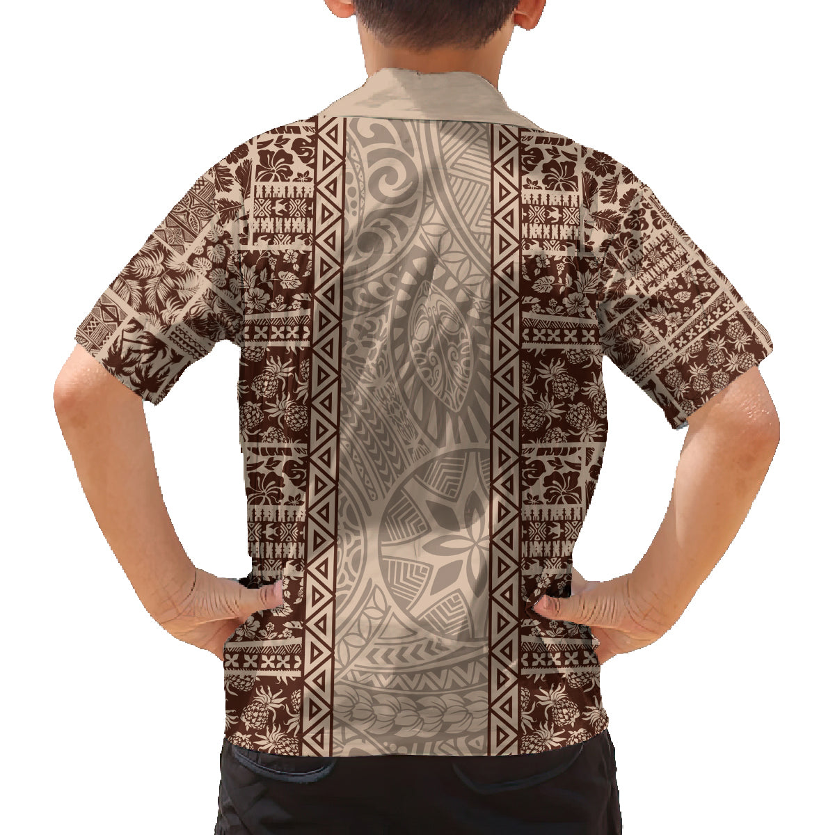 Hawaii Style Hibiscus and Tribal Element Fabric Patchwork Family Matching Off Shoulder Maxi Dress and Hawaiian Shirt Beige Version LT03 - Polynesian Pride