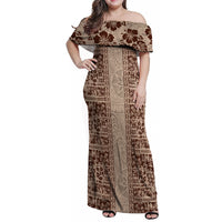 Hawaii Style Hibiscus and Tribal Element Fabric Patchwork Family Matching Off Shoulder Maxi Dress and Hawaiian Shirt Beige Version LT03 Mom's Dress Beige - Polynesian Pride