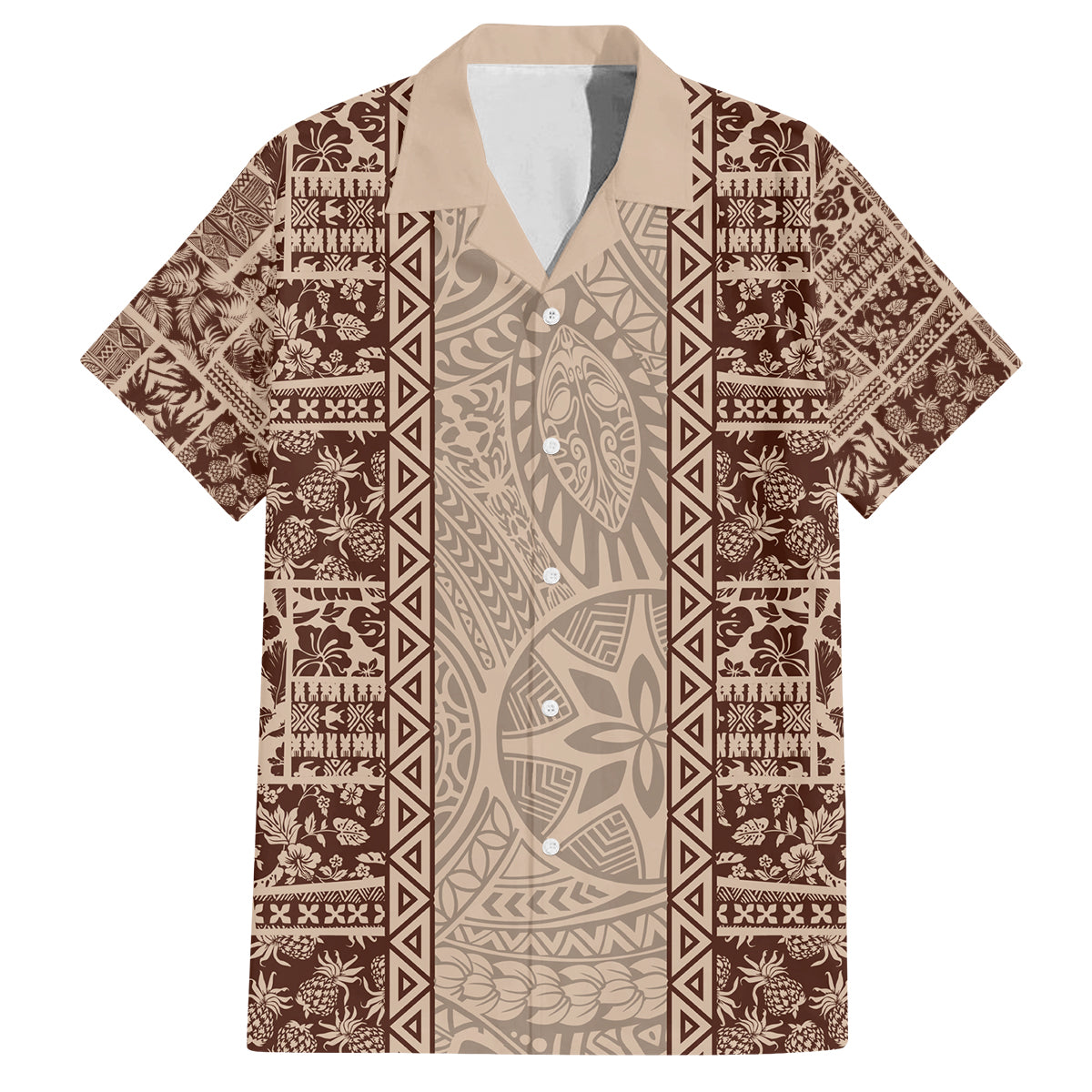 Hawaii Style Hibiscus and Tribal Element Fabric Patchwork Family Matching Off Shoulder Short Dress and Hawaiian Shirt Beige Version LT03 Dad's Shirt - Short Sleeve Beige - Polynesian Pride