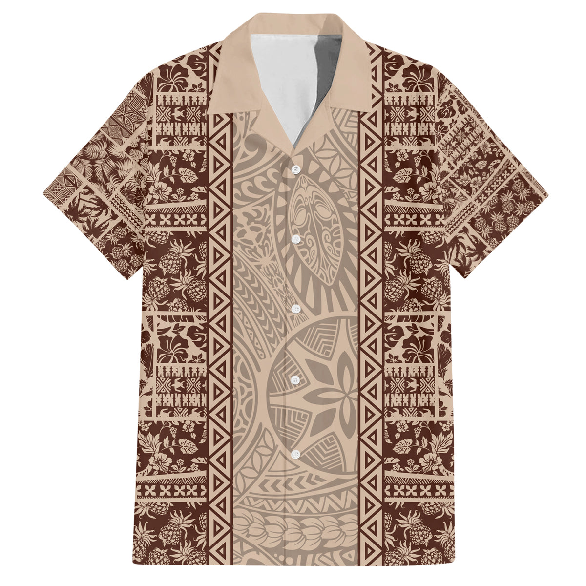 Hawaii Style Hibiscus and Tribal Element Fabric Patchwork Family Matching Short Sleeve Bodycon Dress and Hawaiian Shirt Beige Version LT03 Dad's Shirt - Short Sleeve Beige - Polynesian Pride