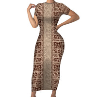 Hawaii Style Hibiscus and Tribal Element Fabric Patchwork Family Matching Short Sleeve Bodycon Dress and Hawaiian Shirt Beige Version LT03 Mom's Dress Beige - Polynesian Pride