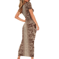 Hawaii Style Hibiscus and Tribal Element Fabric Patchwork Short Sleeve Bodycon Dress Beige Version LT03 - Polynesian Pride