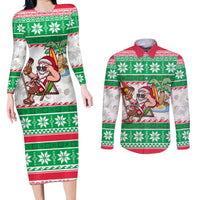 Hawaii Mele Kalikimaka Couples Matching Long Sleeve Bodycon Dress and Long Sleeve Button Shirt Aloha Santa and Palm Tree Mix Kakau Pattern LT03 Green - Polynesian Pride