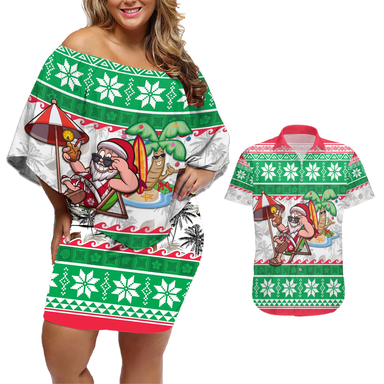 Hawaii Mele Kalikimaka Couples Matching Off Shoulder Short Dress and Hawaiian Shirt Aloha Santa and Palm Tree Mix Kakau Pattern LT03 Green - Polynesian Pride