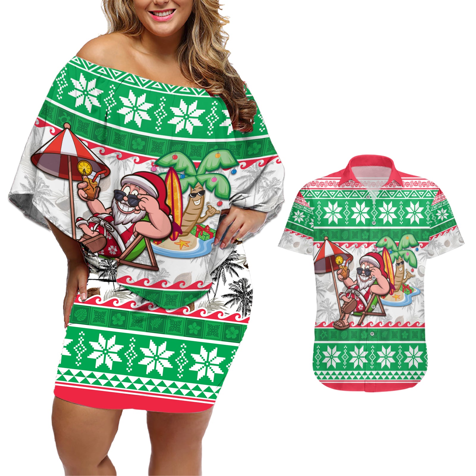 Hawaii Mele Kalikimaka Couples Matching Off Shoulder Short Dress and Hawaiian Shirt Aloha Santa and Palm Tree Mix Kakau Pattern LT03 Green - Polynesian Pride