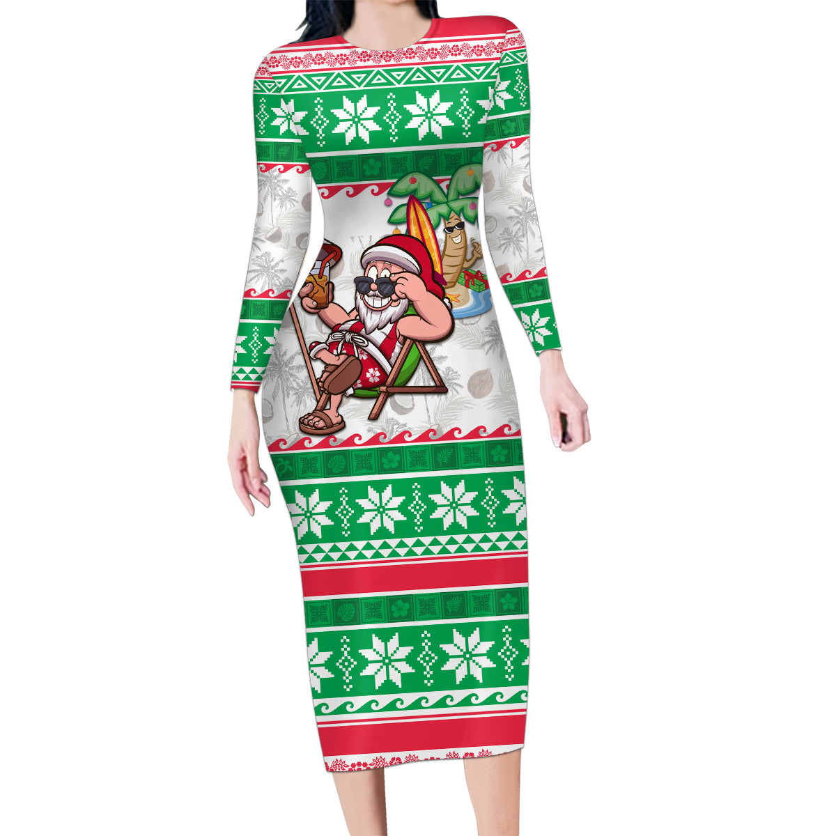 Hawaii Mele Kalikimaka Family Matching Long Sleeve Bodycon Dress and Hawaiian Shirt Aloha Santa and Palm Tree Mix Kakau Pattern LT03 Mom's Dress Green - Polynesian Pride