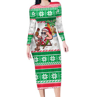 Hawaii Mele Kalikimaka Family Matching Long Sleeve Bodycon Dress and Hawaiian Shirt Aloha Santa and Palm Tree Mix Kakau Pattern LT03 Mom's Dress Green - Polynesian Pride