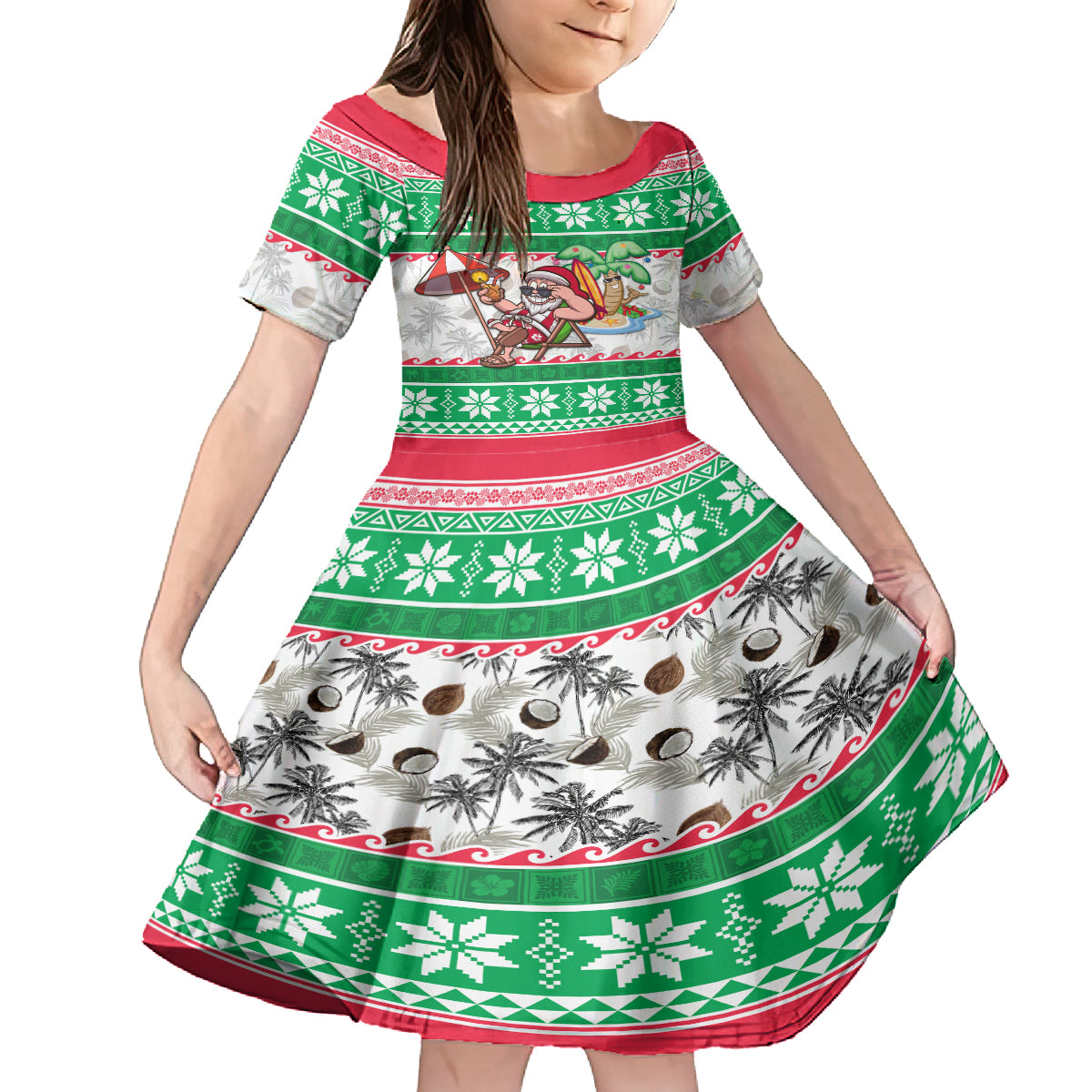 Hawaii Mele Kalikimaka Family Matching Off Shoulder Long Sleeve Dress and Hawaiian Shirt Aloha Santa and Palm Tree Mix Kakau Pattern LT03 Daughter's Dress Green - Polynesian Pride