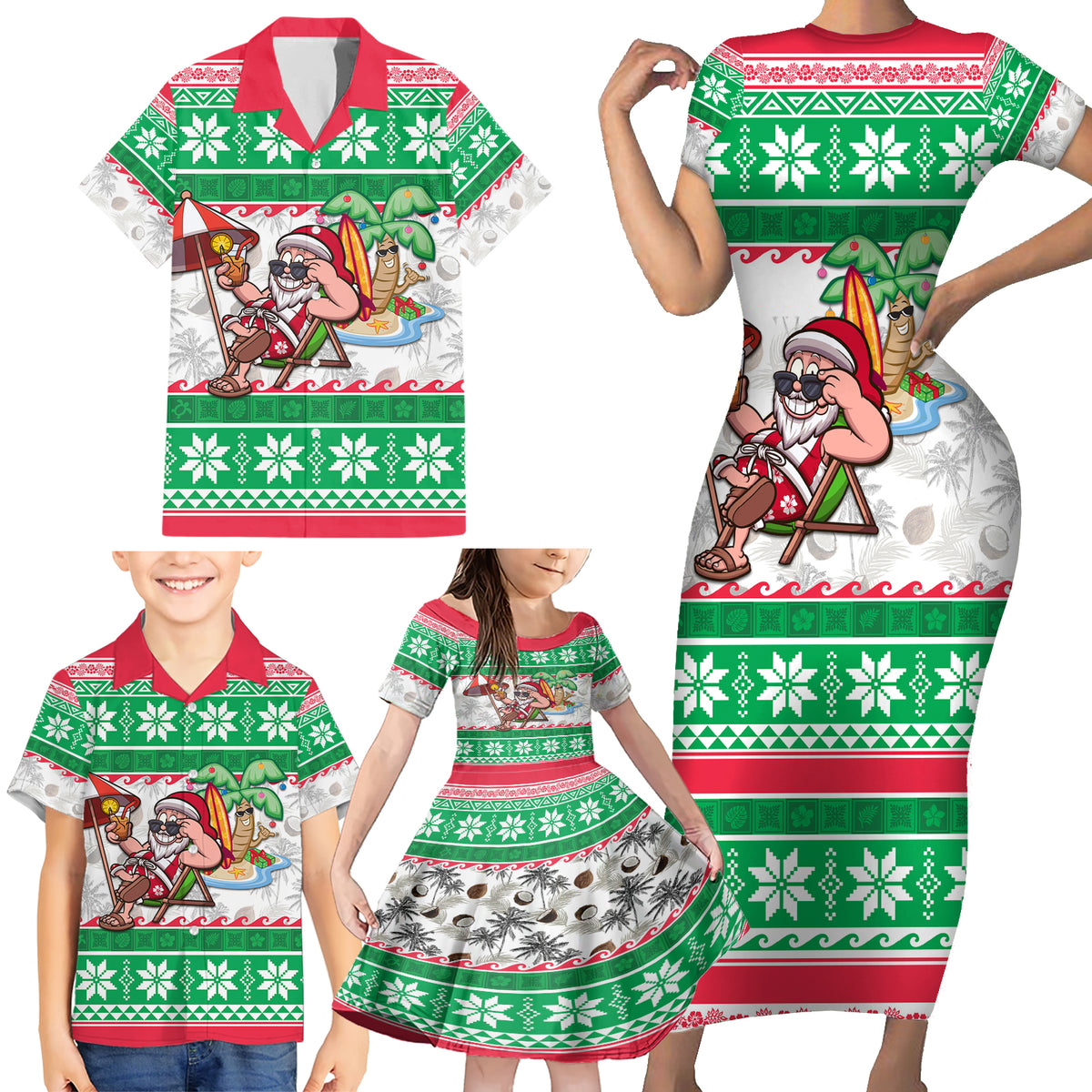 Hawaii Mele Kalikimaka Family Matching Short Sleeve Bodycon Dress and Hawaiian Shirt Aloha Santa and Palm Tree Mix Kakau Pattern LT03 - Polynesian Pride
