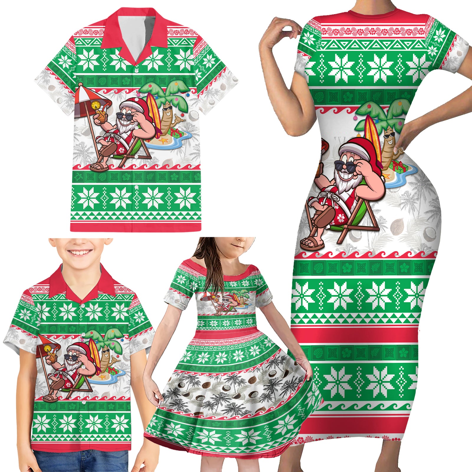 Hawaii Mele Kalikimaka Family Matching Short Sleeve Bodycon Dress and Hawaiian Shirt Aloha Santa and Palm Tree Mix Kakau Pattern LT03 - Polynesian Pride