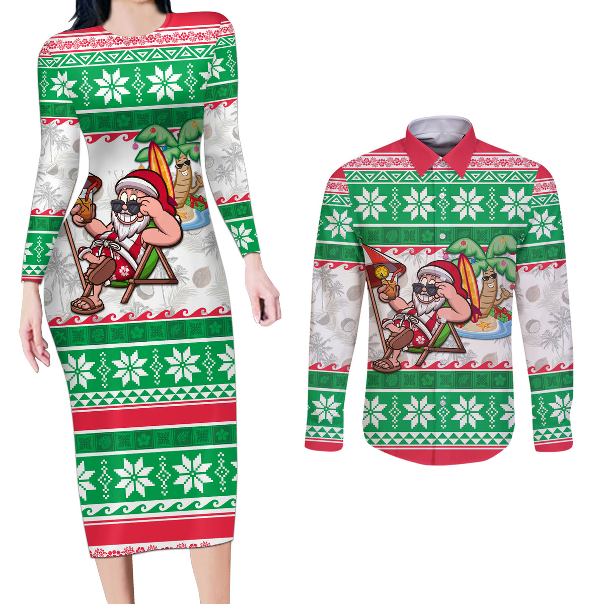 Custom Hawaii Mele Kalikimaka Couples Matching Long Sleeve Bodycon Dress and Long Sleeve Button Shirt Aloha Santa and Palm Tree Mix Kakau Pattern LT03 Green - Polynesian Pride