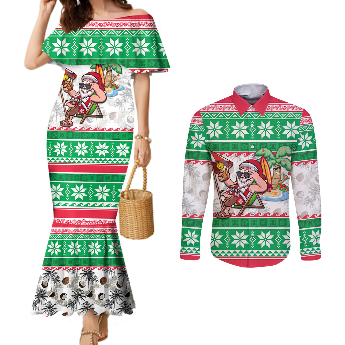 Custom Hawaii Mele Kalikimaka Couples Matching Mermaid Dress and Long Sleeve Button Shirt Aloha Santa and Palm Tree Mix Kakau Pattern LT03 Green - Polynesian Pride