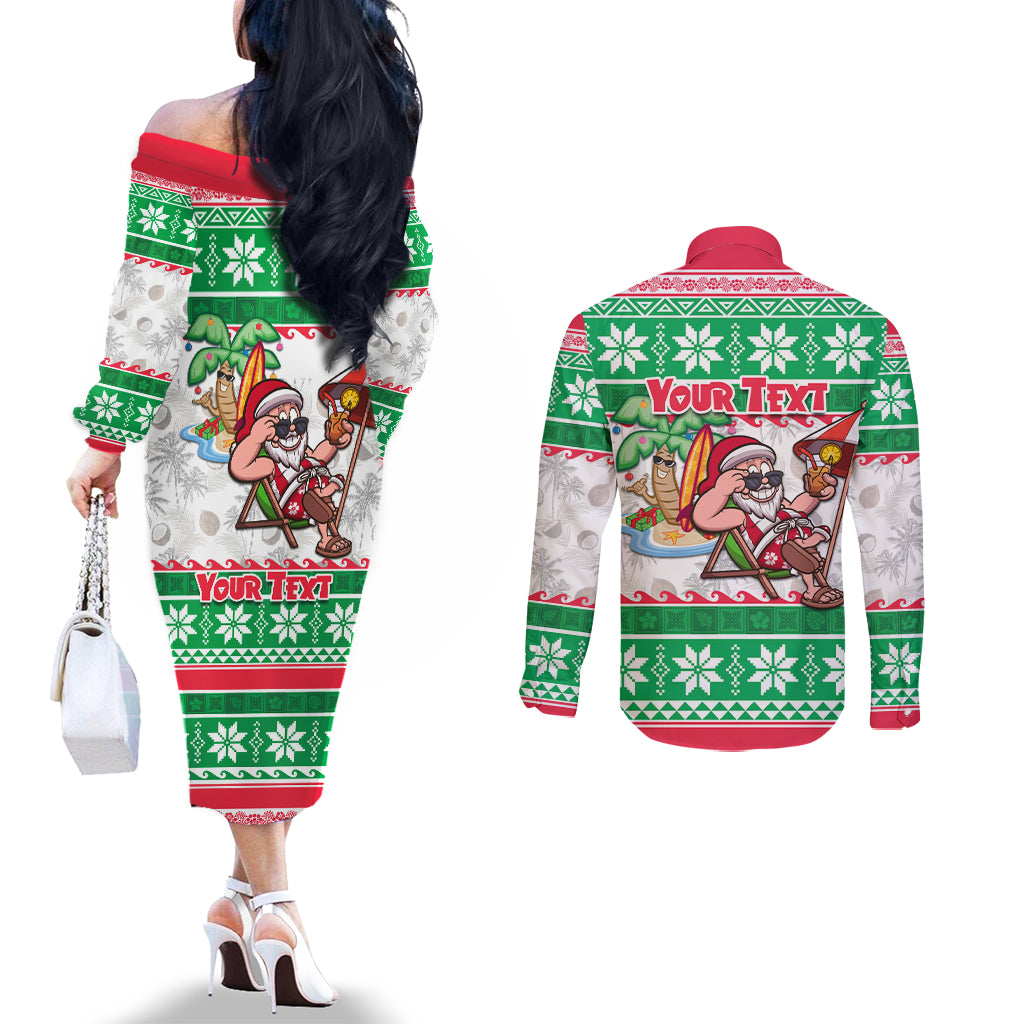 Custom Hawaii Mele Kalikimaka Couples Matching Off The Shoulder Long Sleeve Dress and Long Sleeve Button Shirt Aloha Santa and Palm Tree Mix Kakau Pattern LT03 - Polynesian Pride