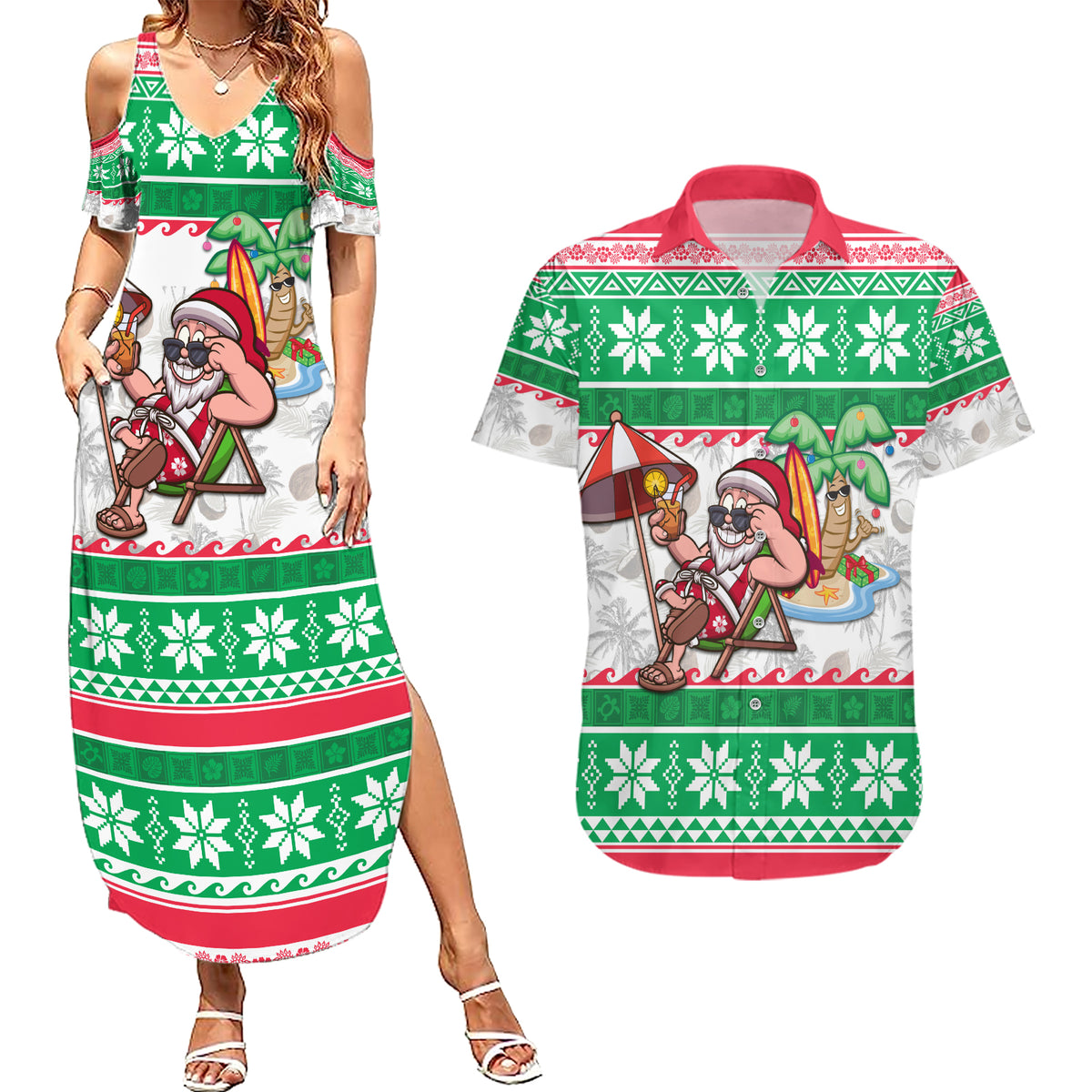 Custom Hawaii Mele Kalikimaka Couples Matching Summer Maxi Dress and Hawaiian Shirt Aloha Santa and Palm Tree Mix Kakau Pattern LT03 Green - Polynesian Pride