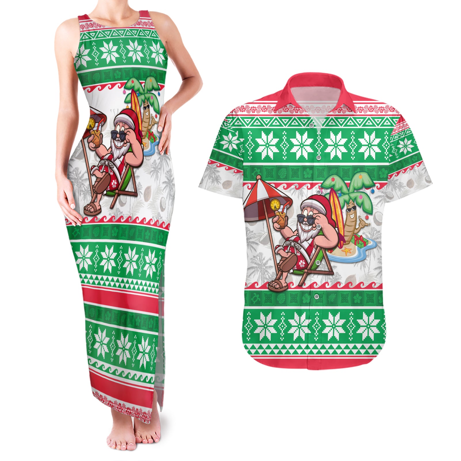 Custom Hawaii Mele Kalikimaka Couples Matching Tank Maxi Dress and Hawaiian Shirt Aloha Santa and Palm Tree Mix Kakau Pattern LT03 Green - Polynesian Pride