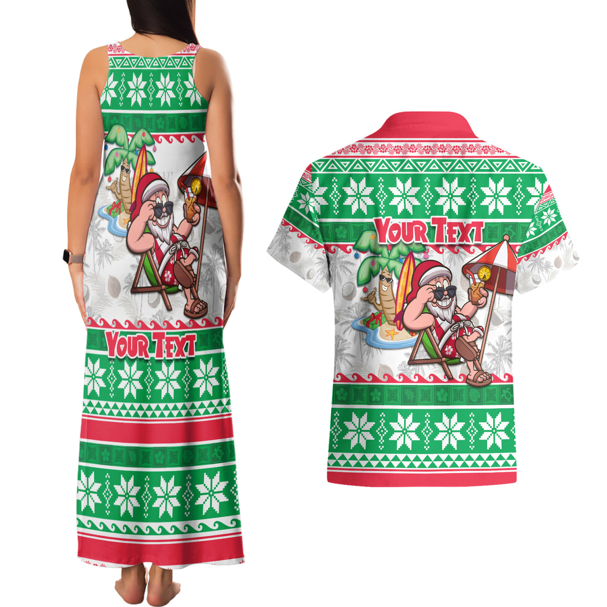 Custom Hawaii Mele Kalikimaka Couples Matching Tank Maxi Dress and Hawaiian Shirt Aloha Santa and Palm Tree Mix Kakau Pattern LT03 - Polynesian Pride