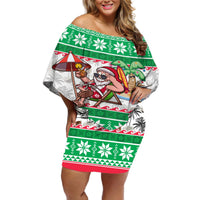Custom Hawaii Mele Kalikimaka Off Shoulder Short Dress Aloha Santa and Palm Tree Mix Kakau Pattern LT03 Women Green - Polynesian Pride