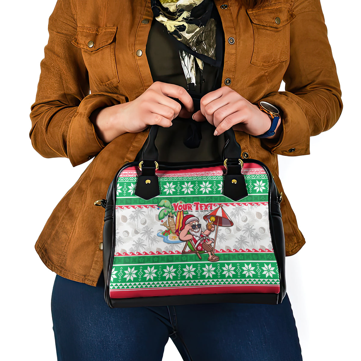 Custom Hawaii Mele Kalikimaka Shoulder Handbag Aloha Santa and Palm Tree Mix Kakau Pattern LT03 - Polynesian Pride